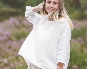 White loose linen blouse, 3/4 sleeve linen blouse, Oversized soft linen top, kimono linen blouse, Plus size pre-washed linen shirt /MIGLA