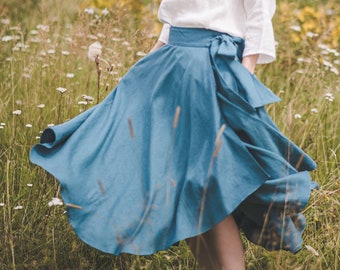 Full circle linen wrap skirt, Teal linen midi skirt with wide ribbon, High waist A-line Tulip shape linen skirt, 1950s skirt / READY TO SHIP