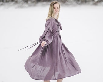 Puffy blouson sleeve ruffled purple linen dress with pockets, oversized sustainable organic linen midi dress in boho vintage style