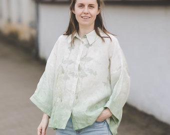 Loose oversize linen shirt for women, Plus size cropped soft linen shirt with shell buttons, White / Green Ombre linen top with Forest print