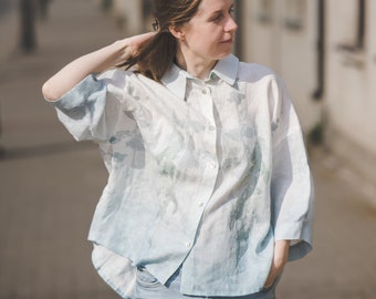 Oversize 3/4 sleeve buttoned linen shirt with Blue Ombre Forest print, Women's plus size linen top, Collared loose linen jacket with buttons