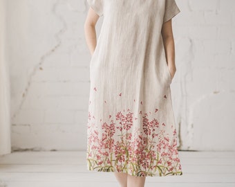 Midi linen dress with floral print, Meadow print, Simple linen sundress, Short sleeves casual linen dress