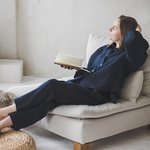 Navy blue loose linen pajama, Loungewear set of pants and 3/4 sleeves top, Plus size linen pyjamas, Cropped oversized button up linen shirt image 4