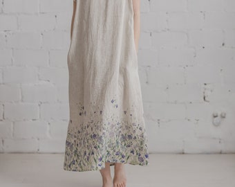 Natural linen dress with meadow print, Floral linen maxi dress, Short sleeves summer dress, Romantic long linen dress, Bridesmaid's / PIEVA