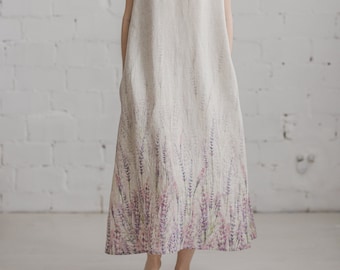 Linen dress with floral print, Lavender print on dress, Oversize, Short sleeve linen summer dress, Romantic linen dress