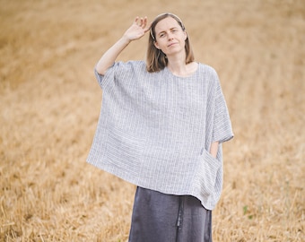 Oversized square linen top in stripes, half sleeve linen blouse with pockets, Plus size boxy baggy linen tunic, Linen poncho / READY TO SHIP