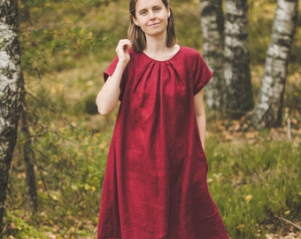 Short sleeves Red linen tunic dress, A-line midi linen dress with pockets, casual loose linen sundress, Short knee length linen dress / RASA