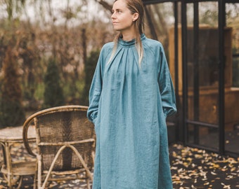Linen ruffle dress with long puffy sleeves and frills in teal color, loose baggy linen midi dress with pockets, Cottage core linen dress