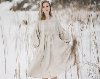 Pure linen puff blouson sleeves ruffled maxi dress, Cottagecore aesthetics linen dress, Natural modest linen wedding dress, Medieval dress