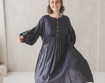 Linen puff blouson sleeves dress with ruffles, Oversize Gothic Black linen dress, Medieval Renaissance Girdle dress, Vintage dress