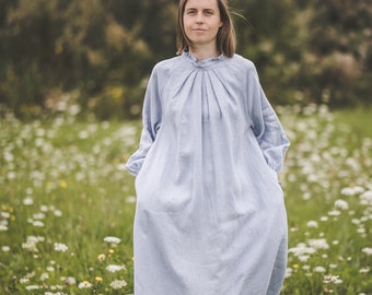 Linen ruffle dress with long puffy sleeves and pockets in light blue, loose one size baggy linen midi dress with frills collar, Cottagecore