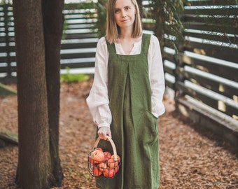 Linen Pinafore apron with pockets, Green midi cross back square linen apron, Women's plus size Japanese apron, Handmade Sustainable gift