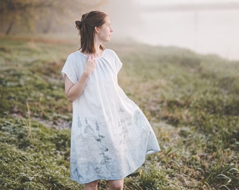 Linen short sleeves midi tunic dress with Blue Ombre Forest print, A-line belted short linen dress with pockets, Loose linen sundress /RASA