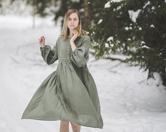 Linen puffy blouson sleeve ruffle dress, Olive green Victorian linen dress, Oversize Cottagecore Aesthetics dress, Vintage Girdle dress