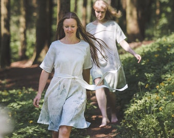 Casual simple linen summer dress with Blue Ombre Forest print, A-line loose sundress with pockets & belt, Minimalistic handmade tunic dress