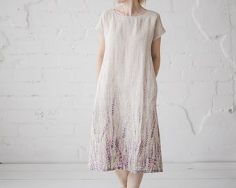 Midi linen dress with Lavender print, Linen summer dress, Simple linen sundress, Short sleeves casual linen dress /RAMUNE