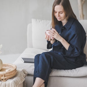 Navy blue loose linen pajama, Loungewear set of pants and 3/4 sleeves top, Plus size linen pyjamas, Cropped oversized button up linen shirt image 1