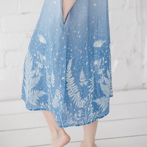 Long Blue linen summer dress with ombre meadow print, Short sleeve oversized flowy Floral linen maxi sundress, Women's Beach dress / PIEVA image 3