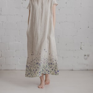 Natural linen dress with meadow print, Floral linen maxi dress, Short sleeves summer dress, Romantic long linen dress, Bridesmaid's / PIEVA