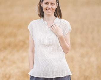 Short sleeves linen shirt women's, S size, basic linen shirt, casual loose linen top with buttons, band collar striped shirt / READY TO SHIP