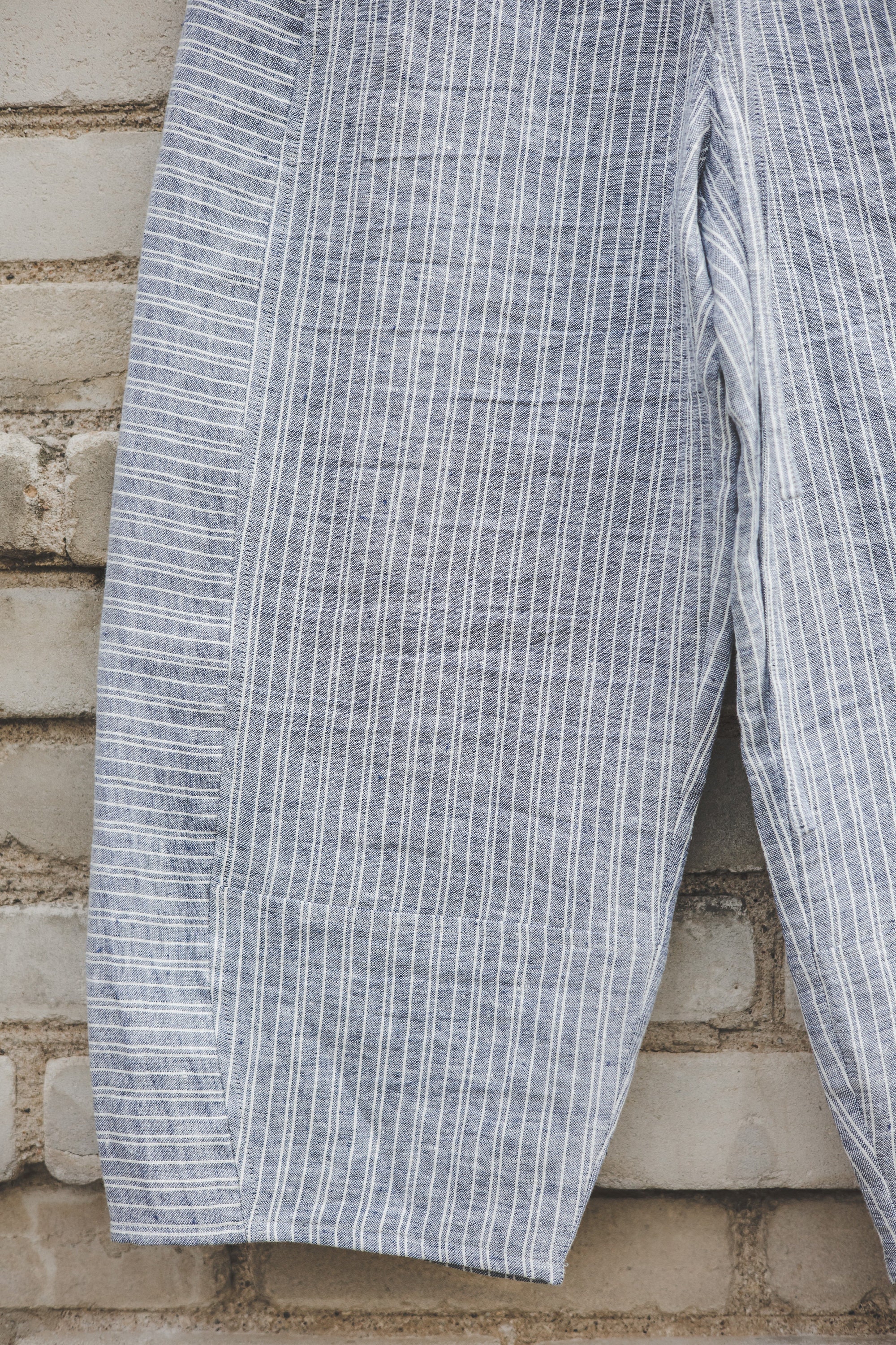 【HUECLOSET】★送料・関税込★Linen Twist Balloon Denim Pants Wide Leg Crop Unisex Linen Pants, Blue Striped Loose