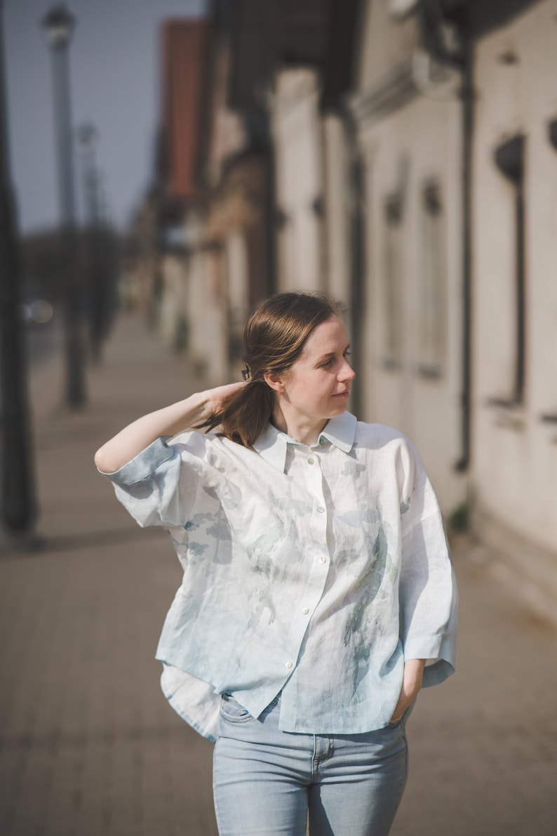 Oversize 3/4 sleeve buttoned linen shirt with Blue Ombre Forest print, Women's plus size linen top, Collared loose linen jacket with buttons image 1