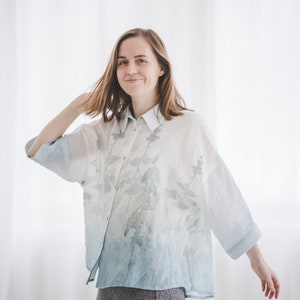 Oversize 3/4 sleeve buttoned linen shirt with Blue Ombre Forest print, Women's plus size linen top, Collared loose linen jacket with buttons image 2