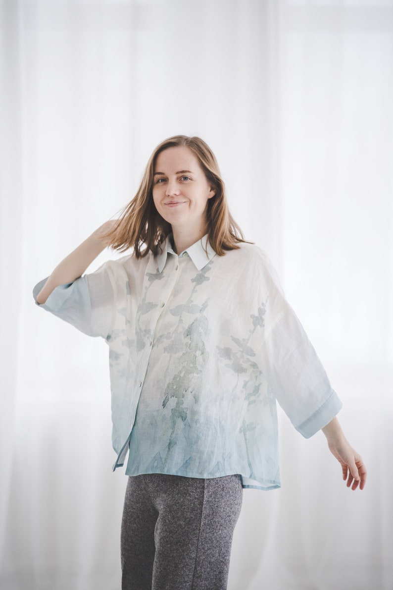 Oversize 3/4 sleeve buttoned linen shirt with Blue Ombre Forest print, Women's plus size linen top, Collared loose linen jacket with buttons image 2