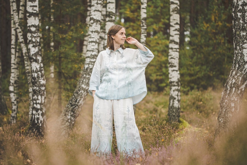 Oversize 3/4 sleeve buttoned linen shirt with Blue Ombre Forest print, Women's plus size linen top, Collared loose linen jacket with buttons image 3