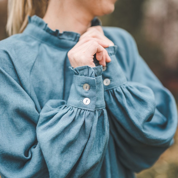 Teal ruffle linen blouse with long puffy sleeves, Loose ruffled collar linen shirt, Ren Faire Victorian / Edwardian linen top with frills