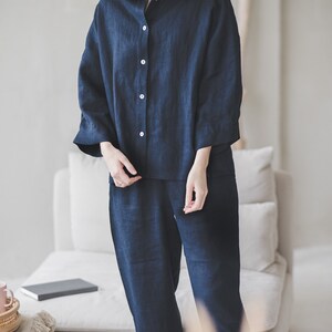 Navy blue loose linen pajama, Loungewear set of pants and 3/4 sleeves top, Plus size linen pyjamas, Cropped oversized button up linen shirt image 2