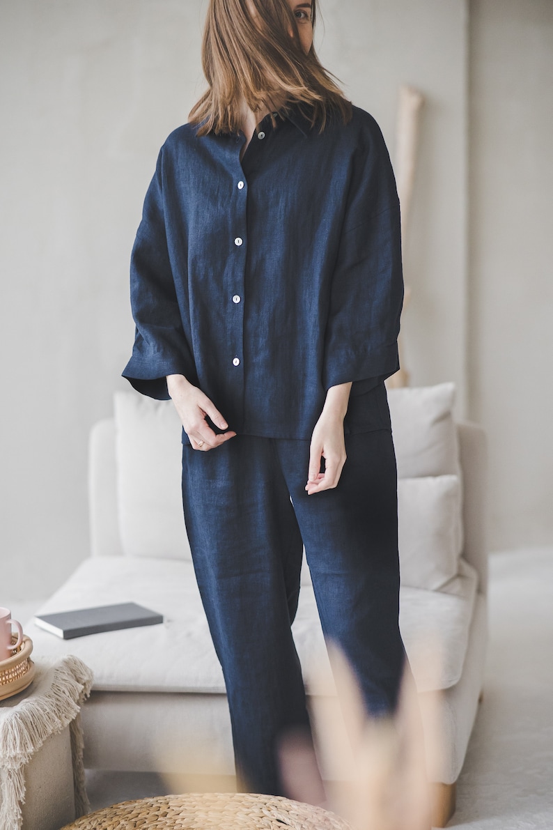 Navy blue loose linen pajama, Loungewear set of pants and 3/4 sleeves top, Plus size linen pyjamas, Cropped oversized button up linen shirt image 2