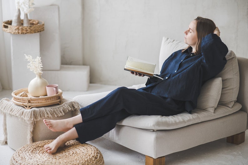 Navy blue loose linen pajama, Loungewear set of pants and 3/4 sleeves top, Plus size linen pyjamas, Cropped oversized button up linen shirt image 4