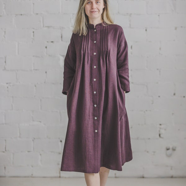 Dark Purple linen button up shirtdress, Long sleeves Midi shirt dress for women, Mandarin collar dress with pockets, Multiway linen jacket