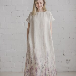 Long 100% linen summer dress with pockets and ombre fern print