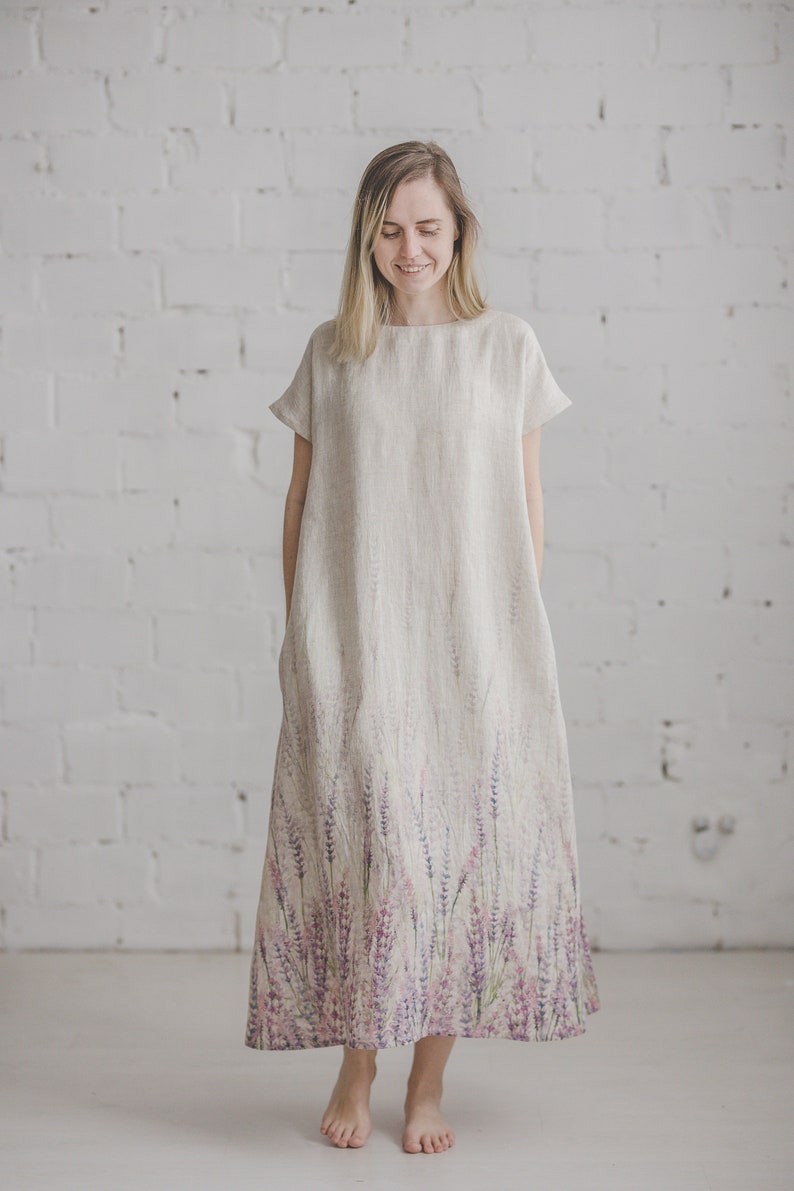Long 100% linen summer dress with pockets and ombre fern print