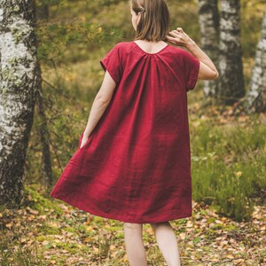 Short sleeves Red linen tunic dress, A-line midi linen dress with pockets, casual loose linen sundress, Short knee length linen dress / RASA image 2