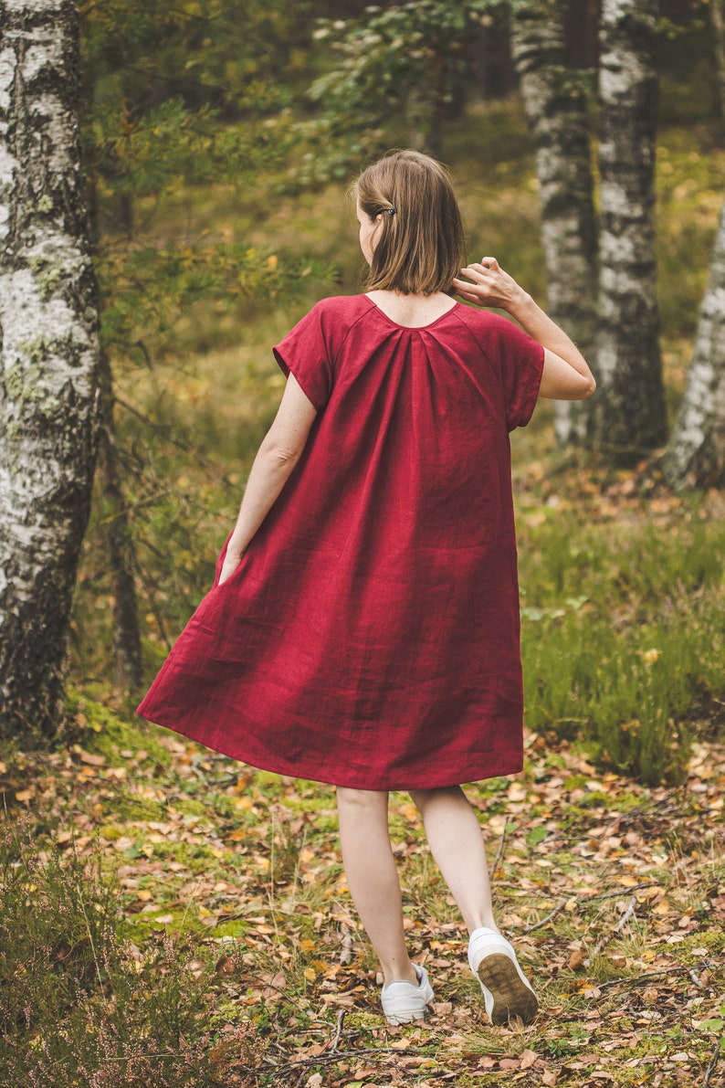 Short sleeves Red linen tunic dress, A-line midi linen dress with pockets, casual loose linen sundress, Short knee length linen dress / RASA image 2