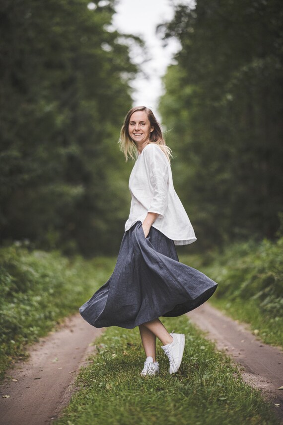 【BAON】Kanidi Banding Fleece Check Pocket Long Skirt Circle Flowy Midi Linen Skirt, Mid-calf High Waistline Linen