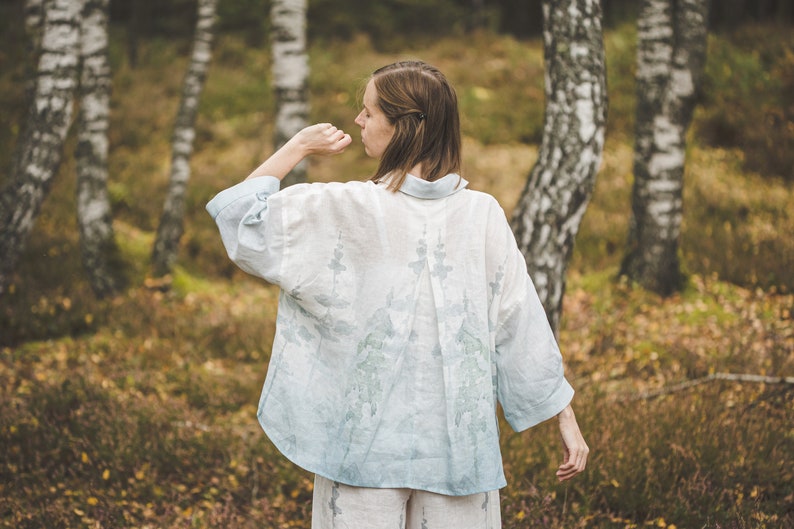 Oversize 3/4 sleeve buttoned linen shirt with Blue Ombre Forest print, Women's plus size linen top, Collared loose linen jacket with buttons image 4