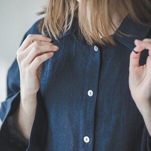 Navy blue loose linen pajama, Loungewear set of pants and 3/4 sleeves top, Plus size linen pyjamas, Cropped oversized button up linen shirt image 5