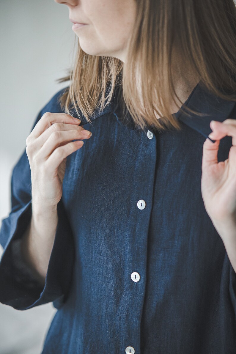 Navy blue loose linen pajama, Loungewear set of pants and 3/4 sleeves top, Plus size linen pyjamas, Cropped oversized button up linen shirt image 5