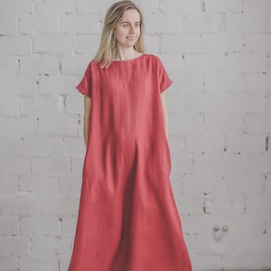 Loose Linen dress, Oversize Maxi linen dress, Short sleeve linen summer dress, Red linen Sundress, Bridesmaid, Romantic linen dress /PIEVA image 5