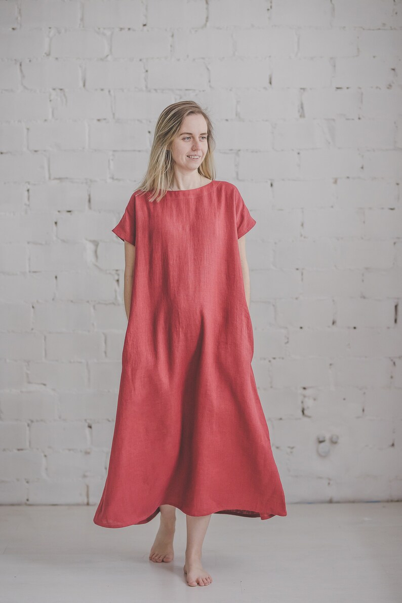 Loose Linen dress, Oversize Maxi linen dress, Short sleeve linen summer dress, Red linen Sundress, Bridesmaid, Romantic linen dress /PIEVA image 5