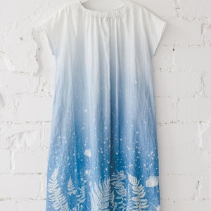 Long 100% linen summer dress with pockets and ombre fern print