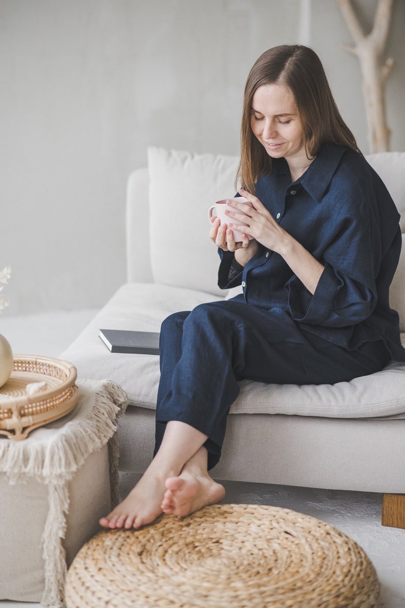 Navy blue loose linen pajama, Loungewear set of pants and 3/4 sleeves top, Plus size linen pyjamas, Cropped oversized button up linen shirt image 1