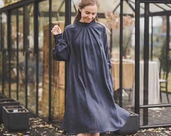 Dark grey linen ruffle dress with long puffy sleeves & frills collar, Loose baggy midi dress, Fairy linen dress, Black Gothic Grunge dress