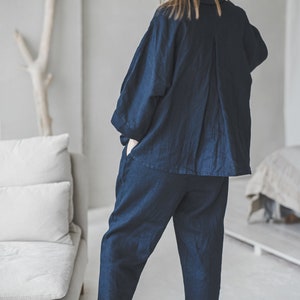Navy blue loose linen pajama, Loungewear set of pants and 3/4 sleeves top, Plus size linen pyjamas, Cropped oversized button up linen shirt image 3