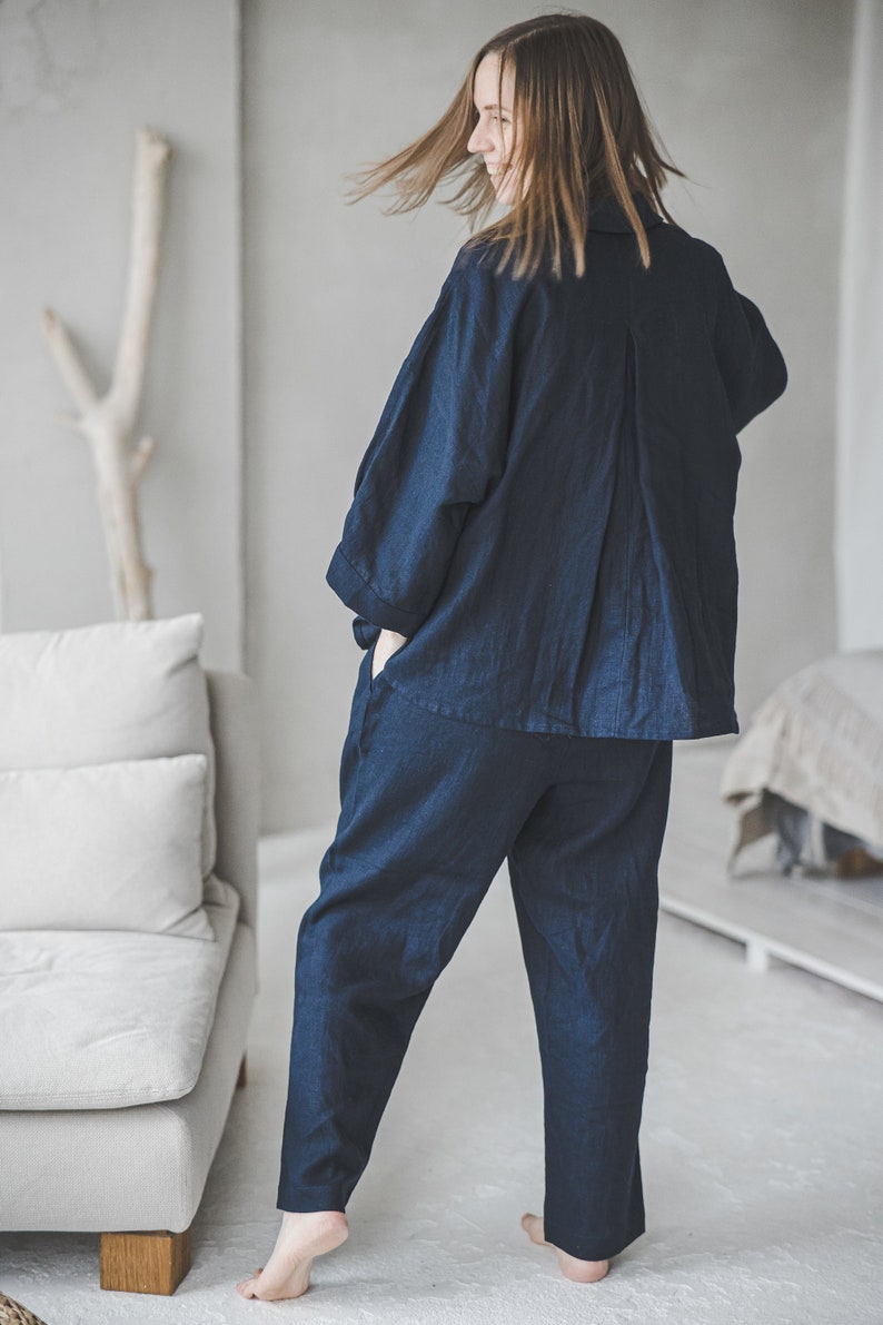 Navy blue loose linen pajama, Loungewear set of pants and 3/4 sleeves top, Plus size linen pyjamas, Cropped oversized button up linen shirt image 3