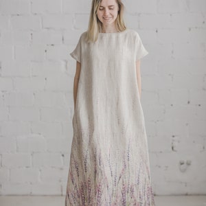 Natural linen dress with meadow print, Floral linen maxi dress, Short sleeves summer dress, Romantic long linen dress, Bridesmaid's / PIEVA Lavenders